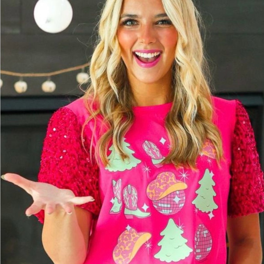 Women’s Western Pink Sequin Sleeve Graphic Christmas top